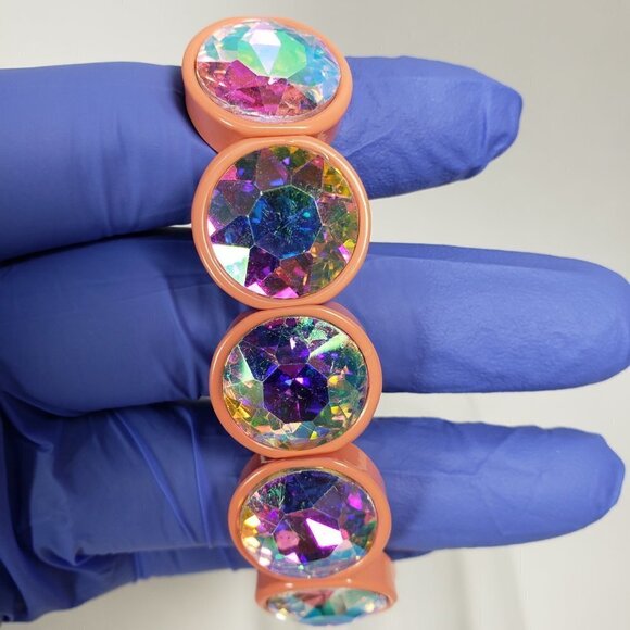 Chunky Iridescent Rhinestone Stretch Salmon Pink bracelet - Bold Women's Jewelry - Picture 4 of 8